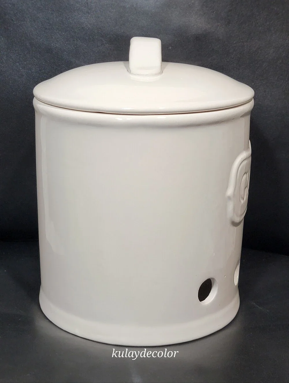 Vintage White Ceramic Garlic Keeper Canister Jar with Lid Embossed GARLIC 7